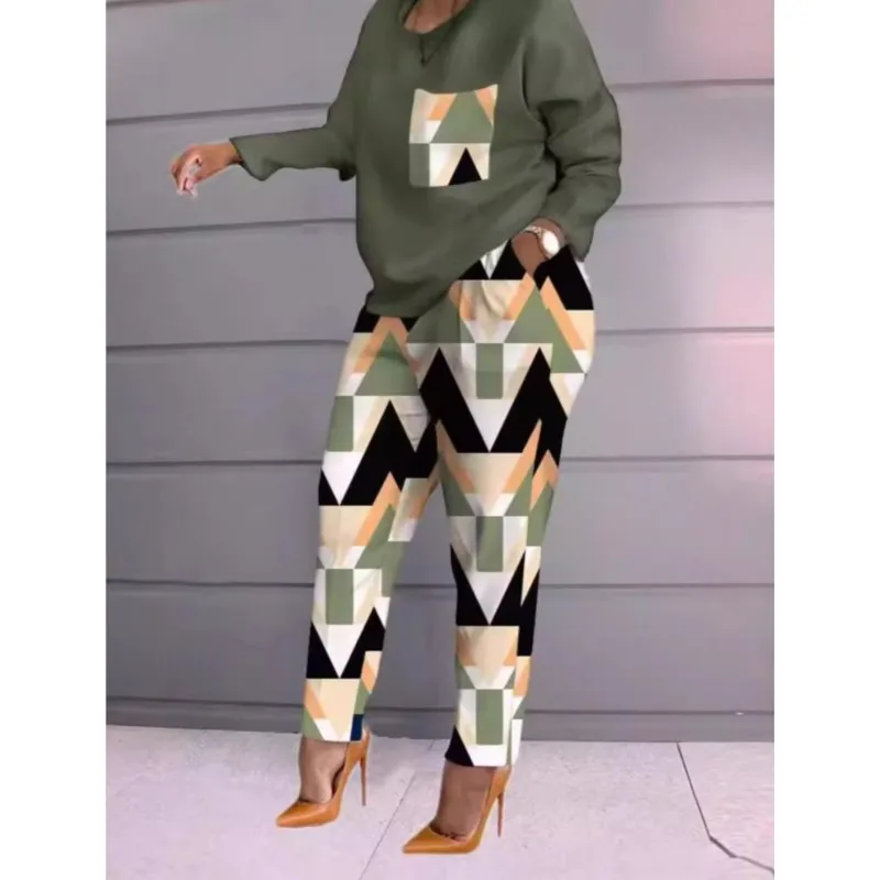 2025年秋 レディース ツーピースセット ファッション プリント Oネック カジュアル 長袖Tシャツ トップス＆パンツ 上下セット セットアップ