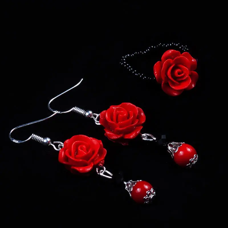 Vintage Lucky Red Rose Floral Jewelry Set for Women Graceful Joker Necklace Earrings Bracelet Rings Lady Neck Accessories 2022