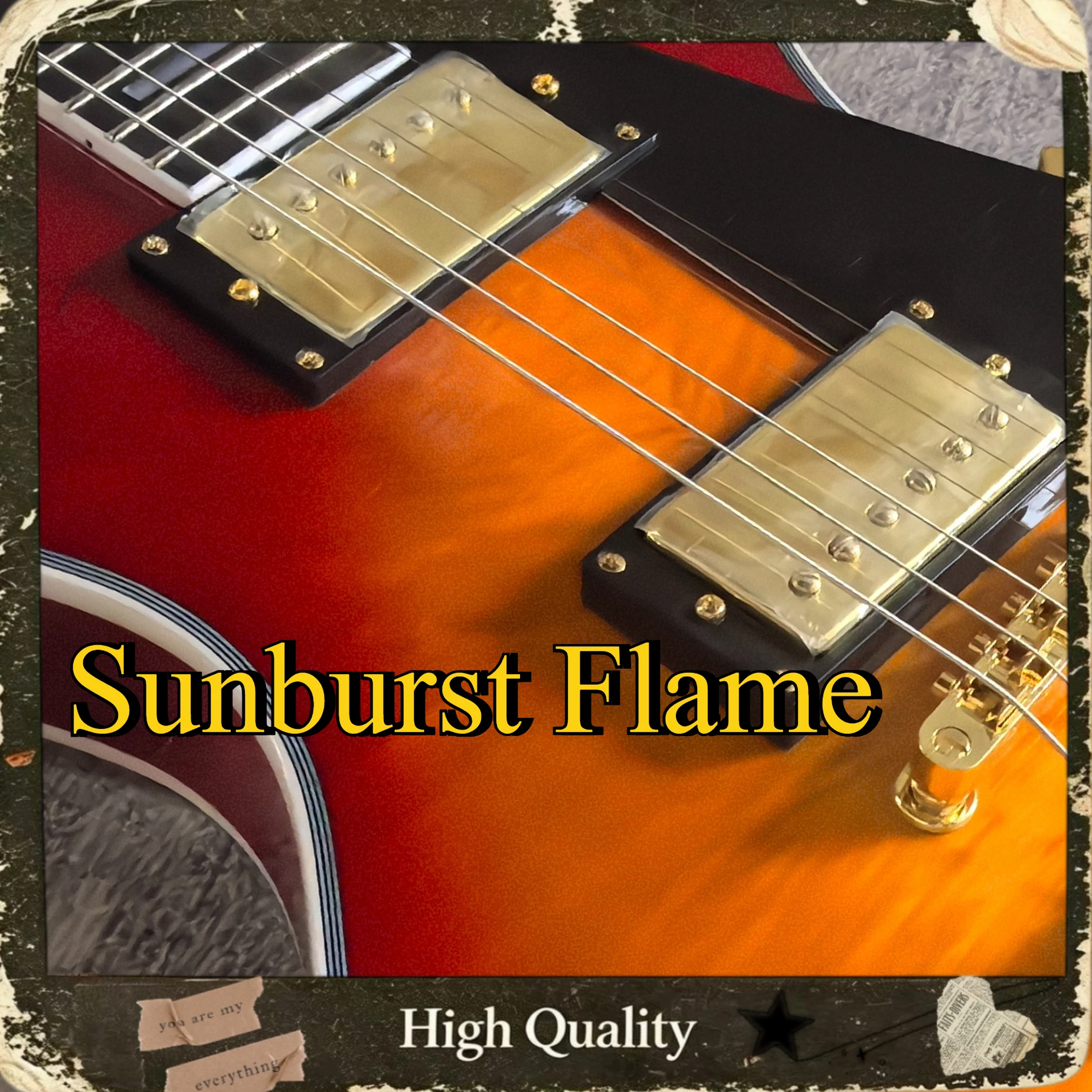 Sunburst Flame Maple LPDF Style Electric Guitar Gold Dual Humbuckers Block Inlay Heavy Metal Rock Performance Electric Guitar