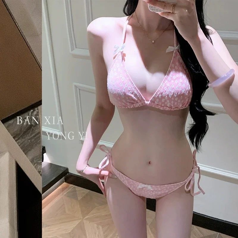 Women Pink Floral Bikini 2 Piece Set with Lace Skirt Cover Up Sweet Style for Beach Vacation