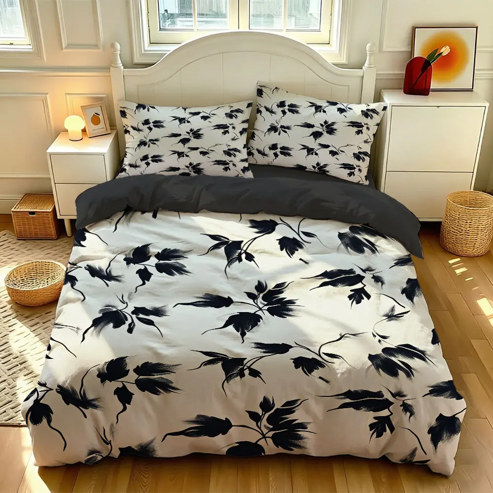 3pcs ink and wash-style branch and leaf bedding set, without a core, featuring soft bedding items