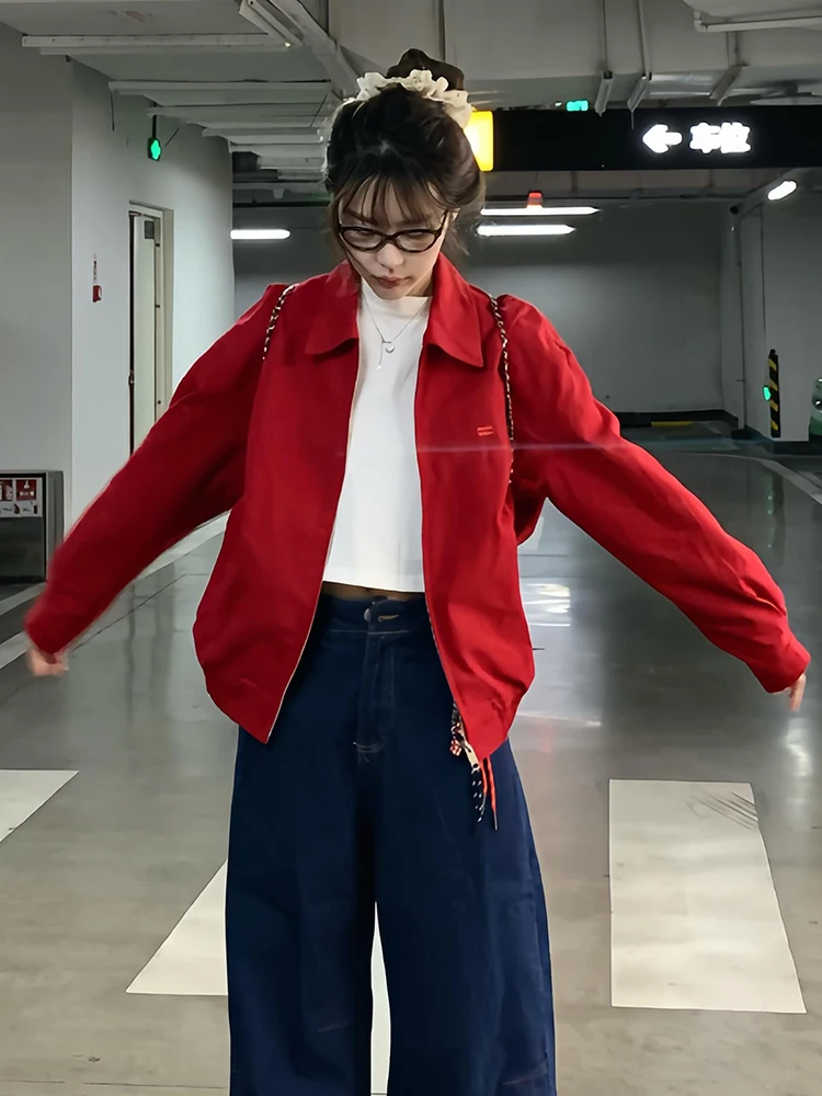 

Retro American Red Harington Jaet Women's Autumn New Sle Commute Loose Slimming Flight Suit Jaet Trendy ort Outerwear