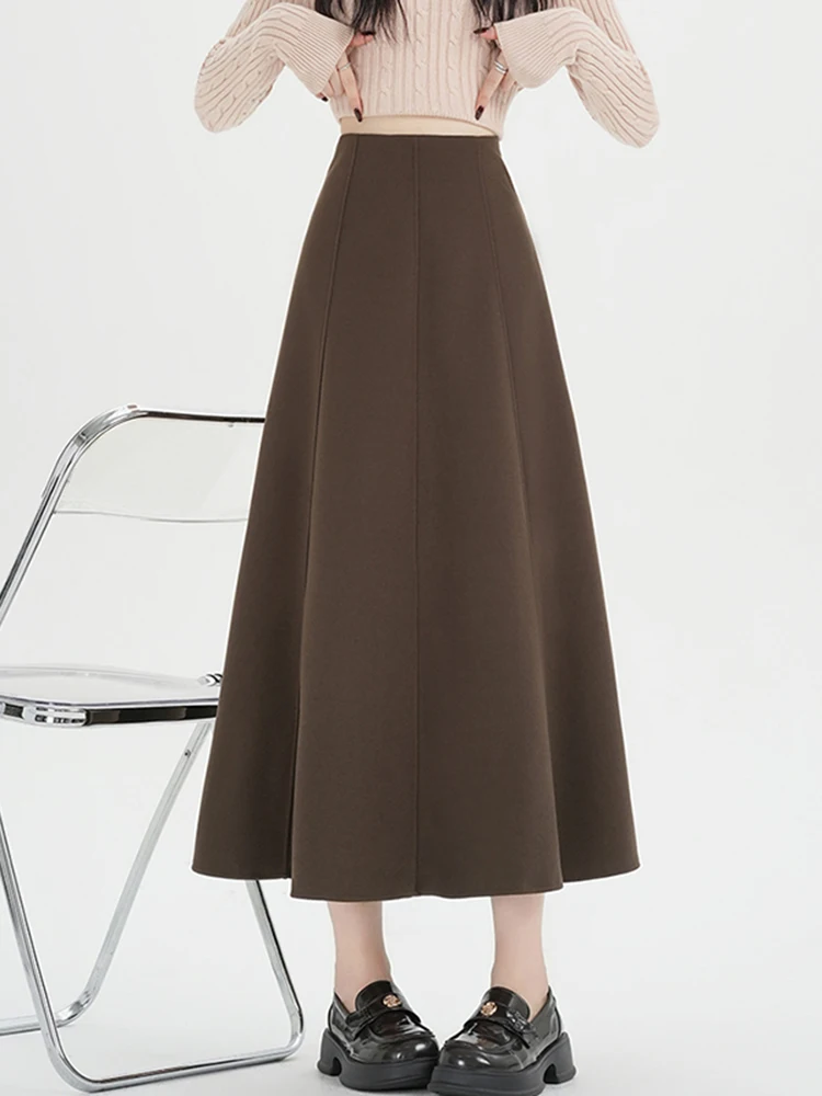 

Карамельная шерстяная юбка миди А-силуэта с высокой талией для женщин, осенне-зимняя новинка, асимметричный дизайн