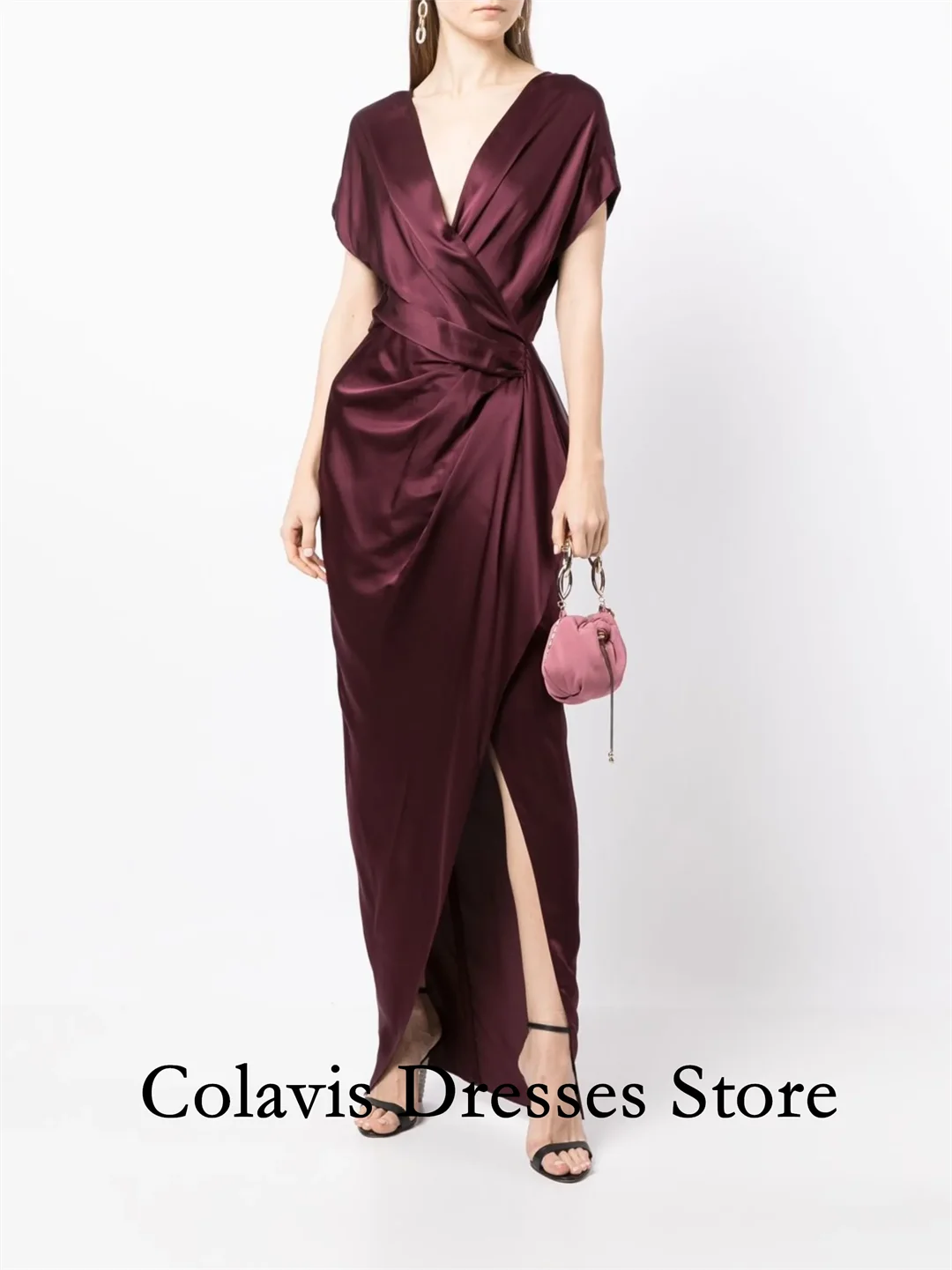 

2025 Customized Sleeveless V-Neck Simple Wine Red Satin Prom Dresses Evening Dress Women Evening Gowns Formal Party Dress