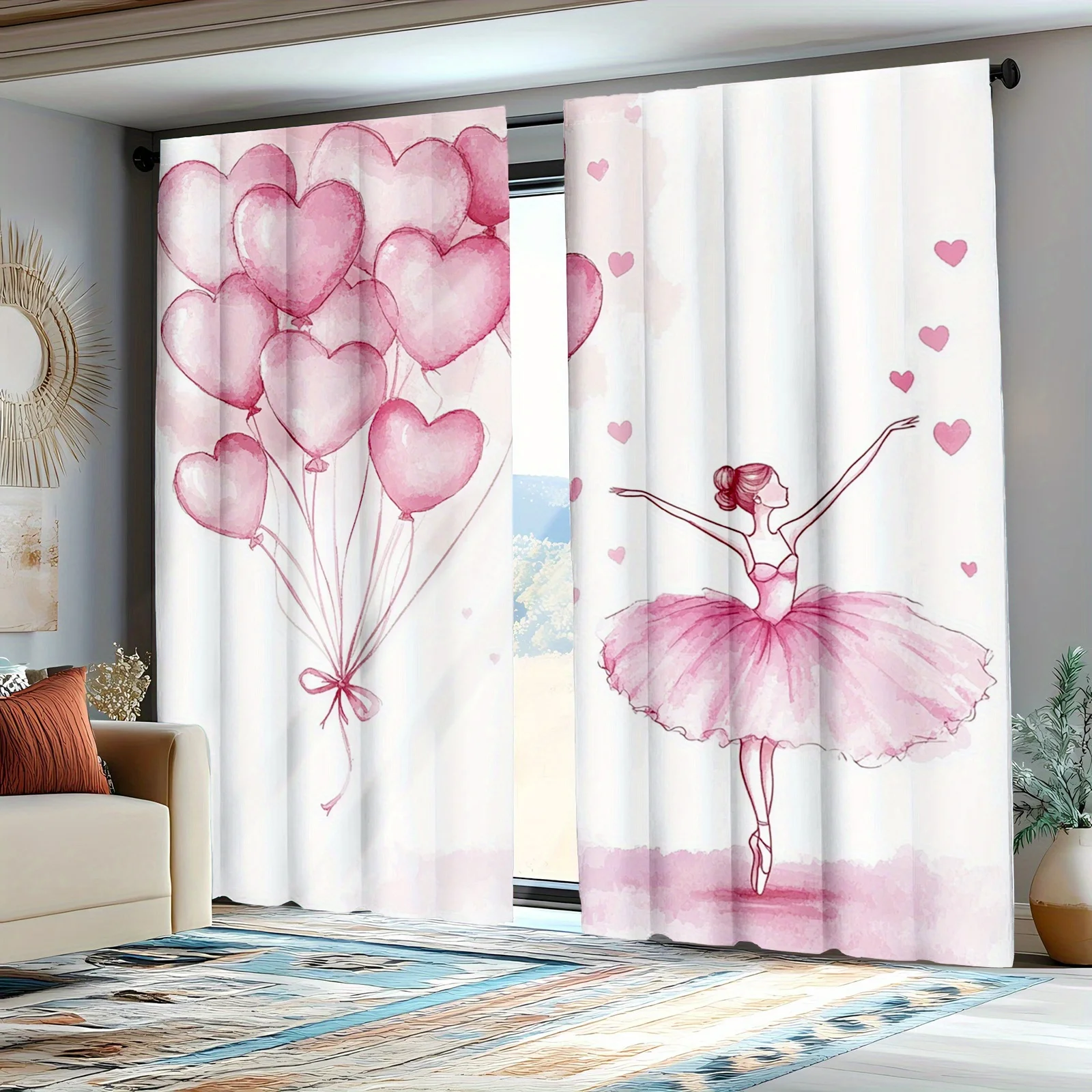 Ballet Girl Curtains Pink Heart Balloons Art Window Drapes Romantic Design Home Decor Kids Theme Living Room
