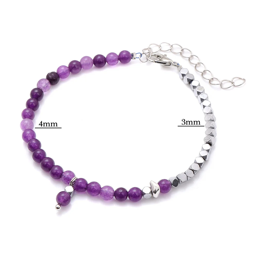 Rose Quartz Beads Bracelet Adjustable Silvery Color Square Hematite Link Chain 4mm Natural Stone Bracelets for Women Jewelry