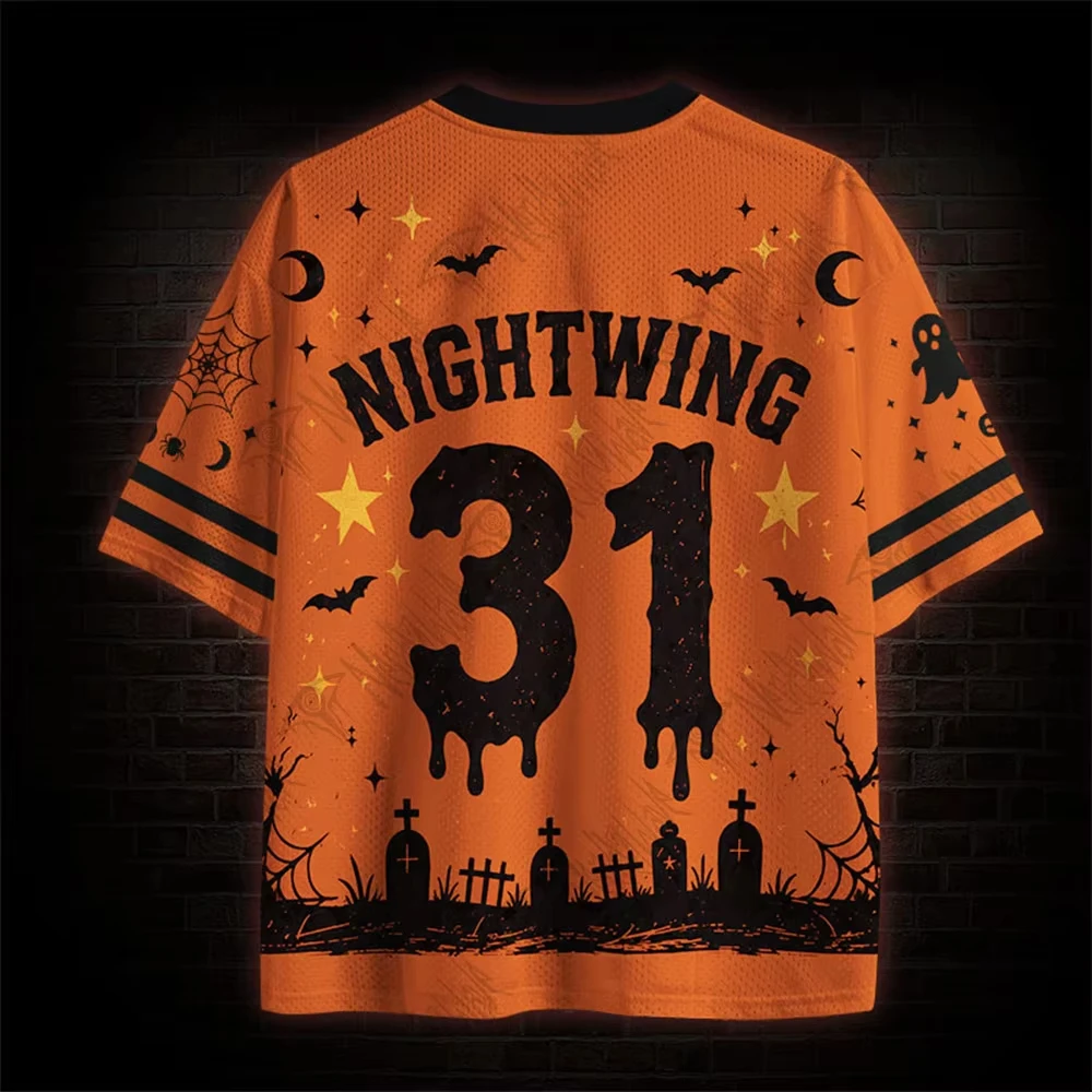 Halloween Limited V-Ausschnitt Kurzarm-Shirt, Horror-Nacht-Kürbiskopf Kurzarm-Shirt, Trendige Sportbekleidung, Vollbedrucktes T-Shirt – Detail 10