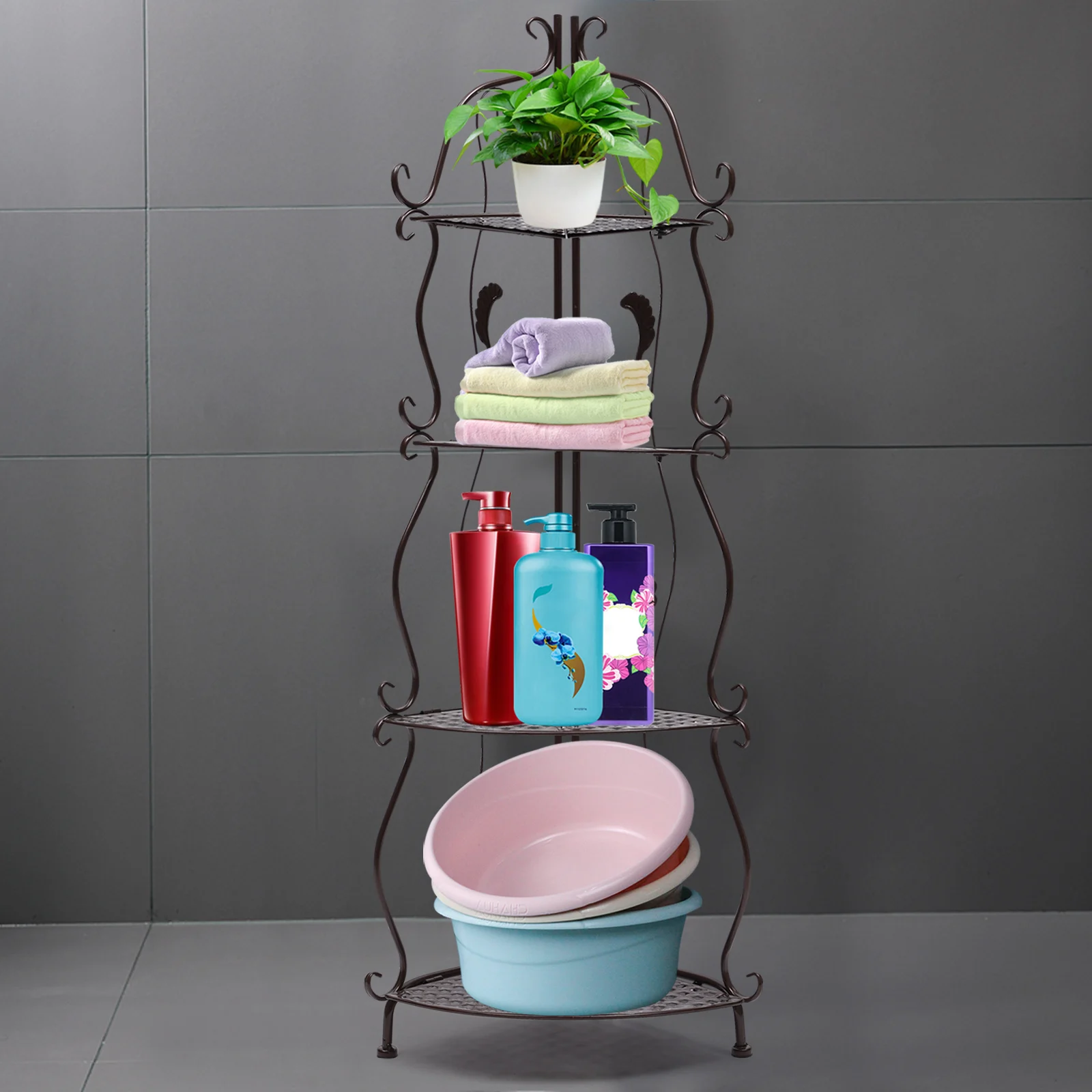 4 Tier Bronze Foldable Corner Shelf Floor Stand Storage Rack Organizer Retro Design  Folding Flower Stand New