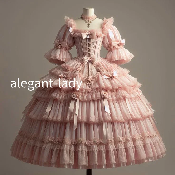 

Peach Pink Puffy Victorian Prom Dress Lolita Corset Tie Applique Lace Puffy Customised Masquerade vestidos de fiesta elegantes