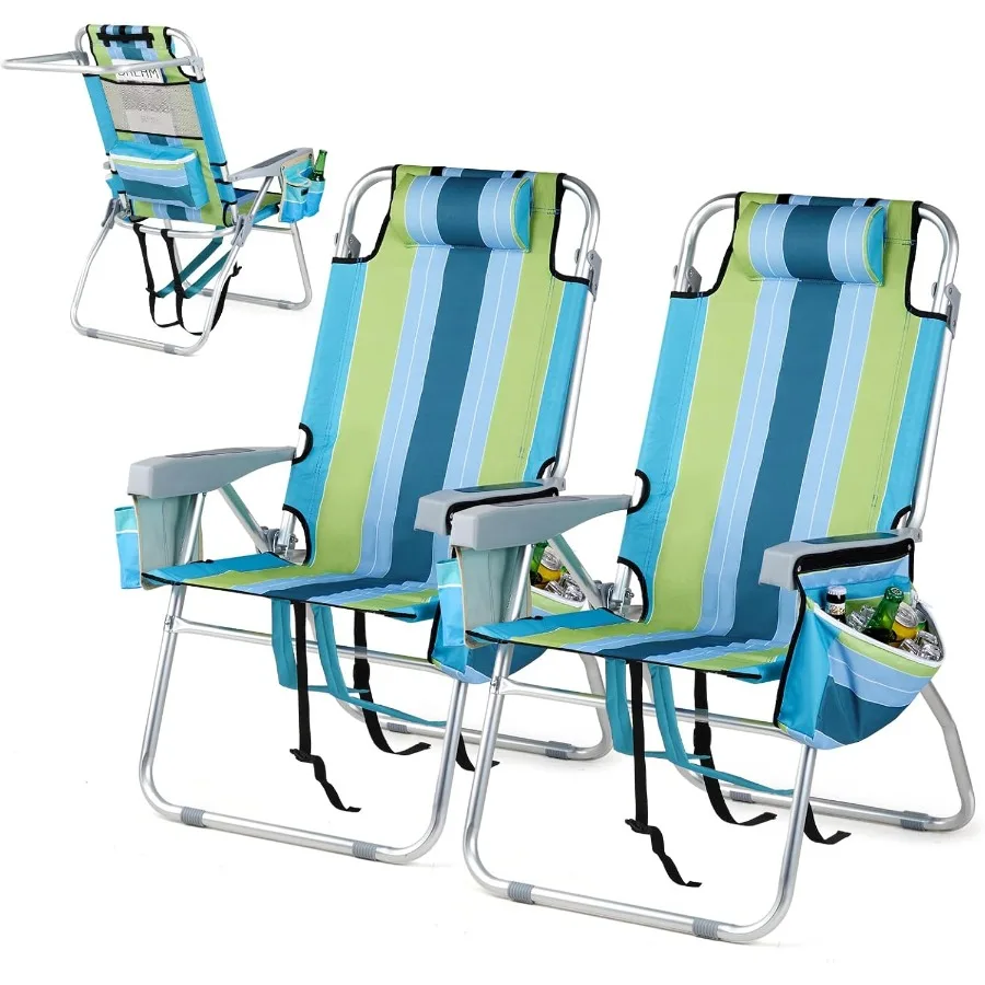 

Tall Beach Chair 2 Pack Lightweight Backpack Beach Chair for Adults with 5Position Recline Builtin Cooler Bag Cup Holders Towel
