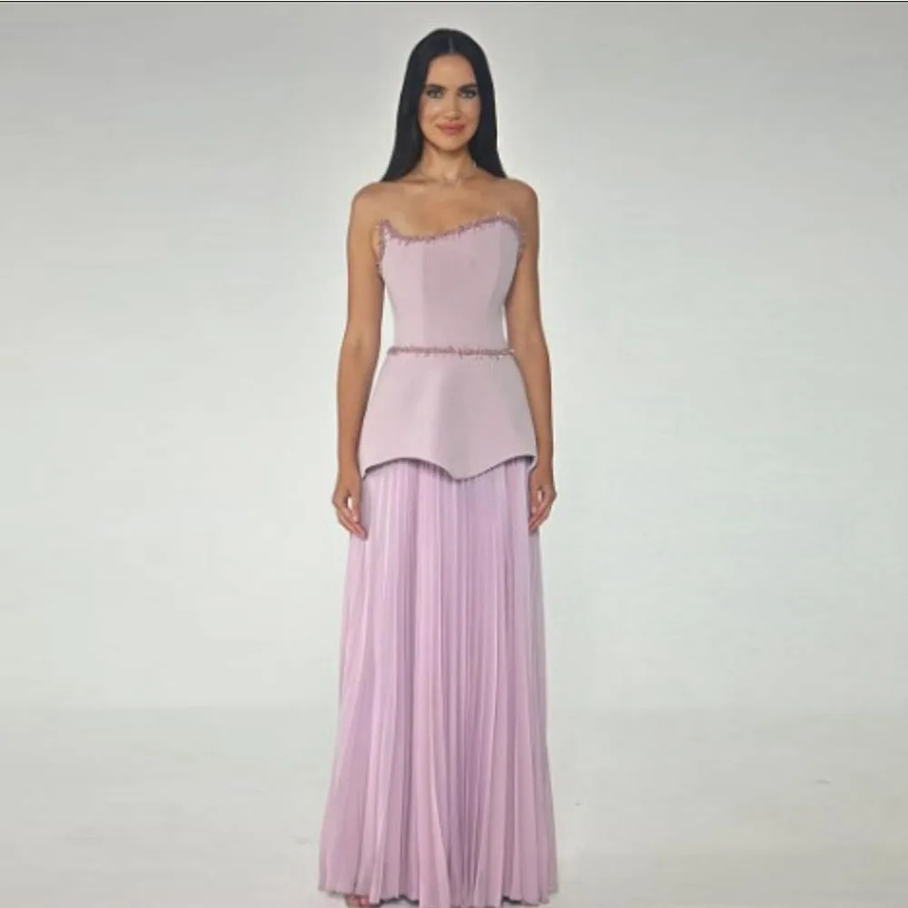 

A Line Strapless Evening Dress For Women Pink Prom Dress Beading Formal Party Dress Floor Length Sleeveless Saudi Gown