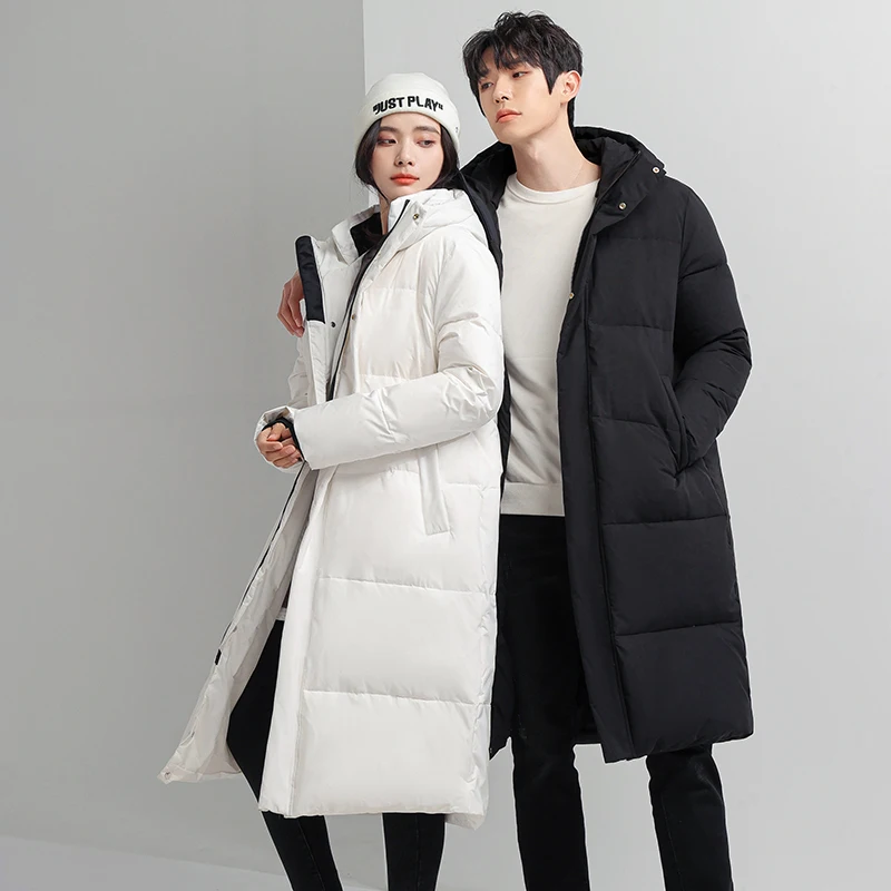 Winter New Men'S Fashion Versatile Long Knee Down Jacket Coat Youth Trend Loose Casual Hooded Thickened Warm Windproof Coat Male