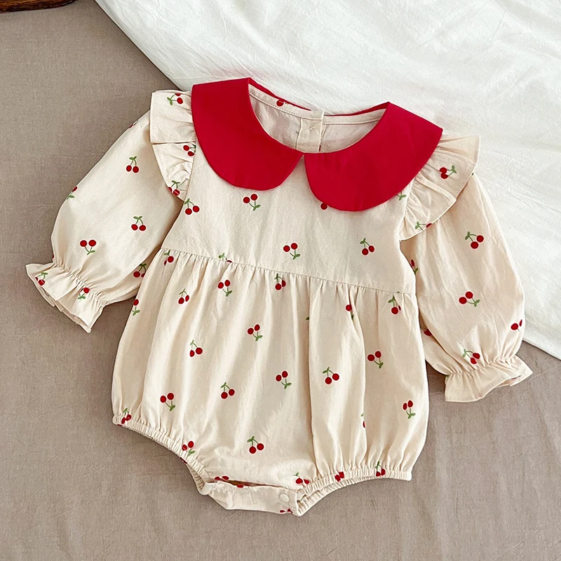 New Spring 0-24M Children Clothes Infant Baby Girls Jumpsuit Long Sleeved Cotton Cherry Print Romper Korean Style Climbing Suit