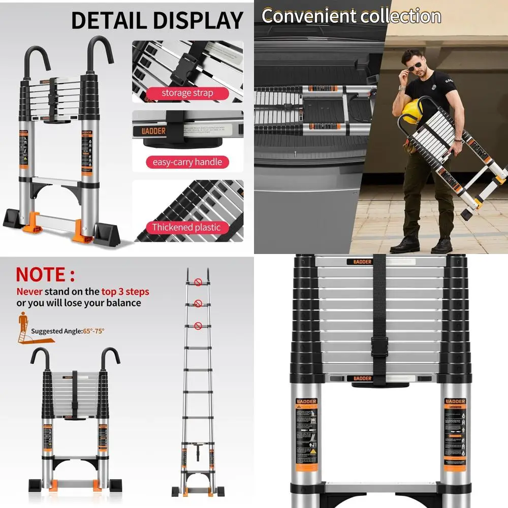 

Collapsible 12.5FT Aluminum Ladder with Stabilizers, Hooks, 330lb Capacity for Outdoor and RV Use