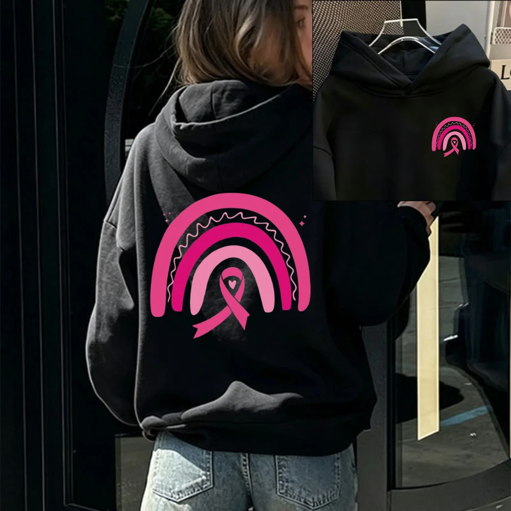 Pink Rainbow Pink Ribbon Hooded Front Mini Rainbow Ribbon Print Back Large Pattern Pullover Breast Cancer Awareness Casual Tops