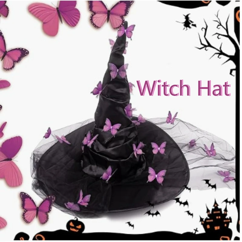 

Witch Hat Halloween Pleated Witch Hat Women's Mesh Butterfly Black Oxford Cloth Makeup Props Party Costume Accessory