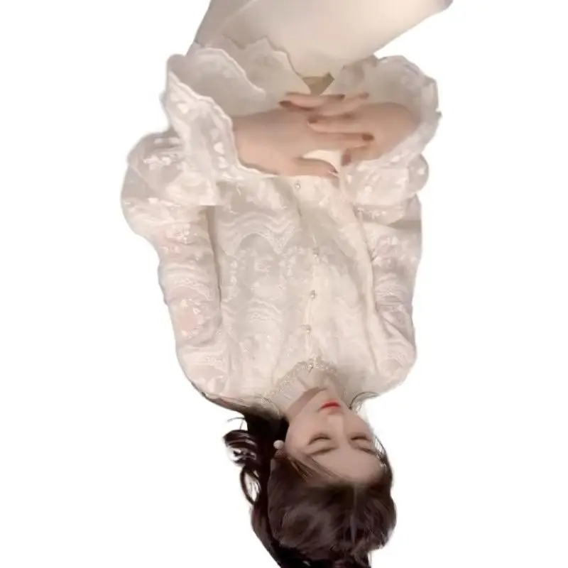 

Новая блузка в китайском стиле с кружевной отделкой и вышивкой, в стиле знаменитостей, для повседневной носки, с ажурным узором, топ с кружевной подкладкой, красивые топы