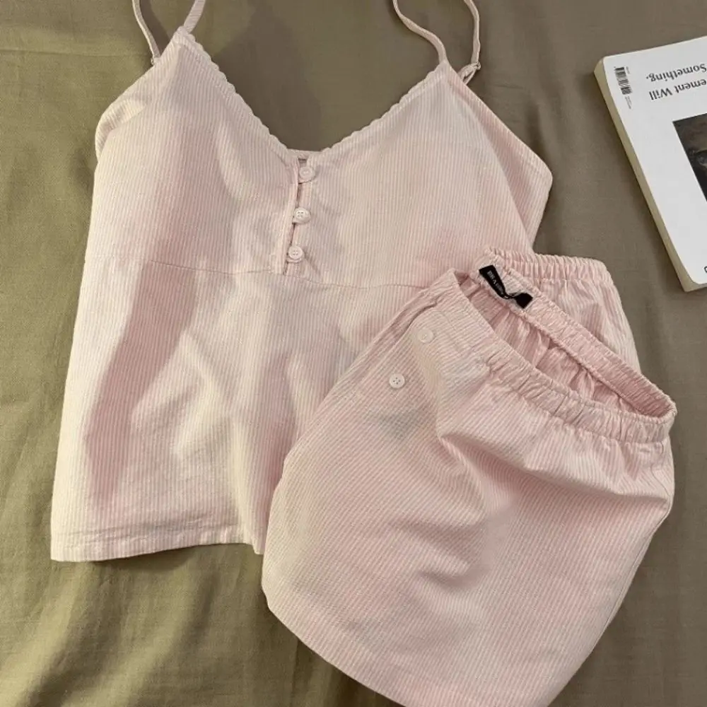 Cotton Striped Pajamas Suit with Padded Home Clothing Set Sleeveless Shorts Set Sleeping Home Suit Women Nightwear