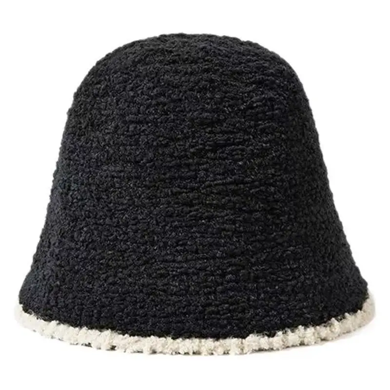 Topi Wanita Musim Gugur dan Musim Dingin, Topi Bucket Lingkar Kepala Besar, Gaya Jepang, Topi Rajut Hitam Berbulu, Topi Nelayan Sederhana