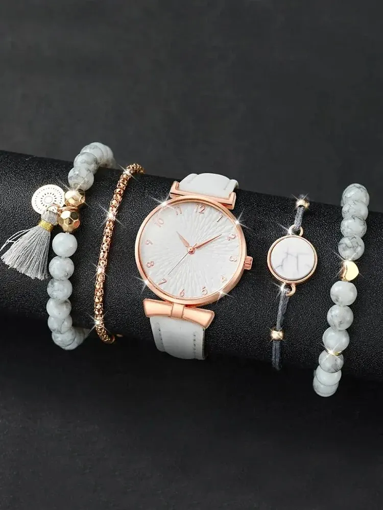 5pcs Fashionable and Sweet Butterfly Versatile WOMEN\'S Belt Quartz Watch with Tassel Bead String Bracelet Set