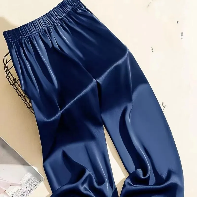 Minimalist Summer Solid Men's Wear Elastic Waist Ice Silk Fabric Pockets Fashion Versatile Loose Bound Feet Straight Pants