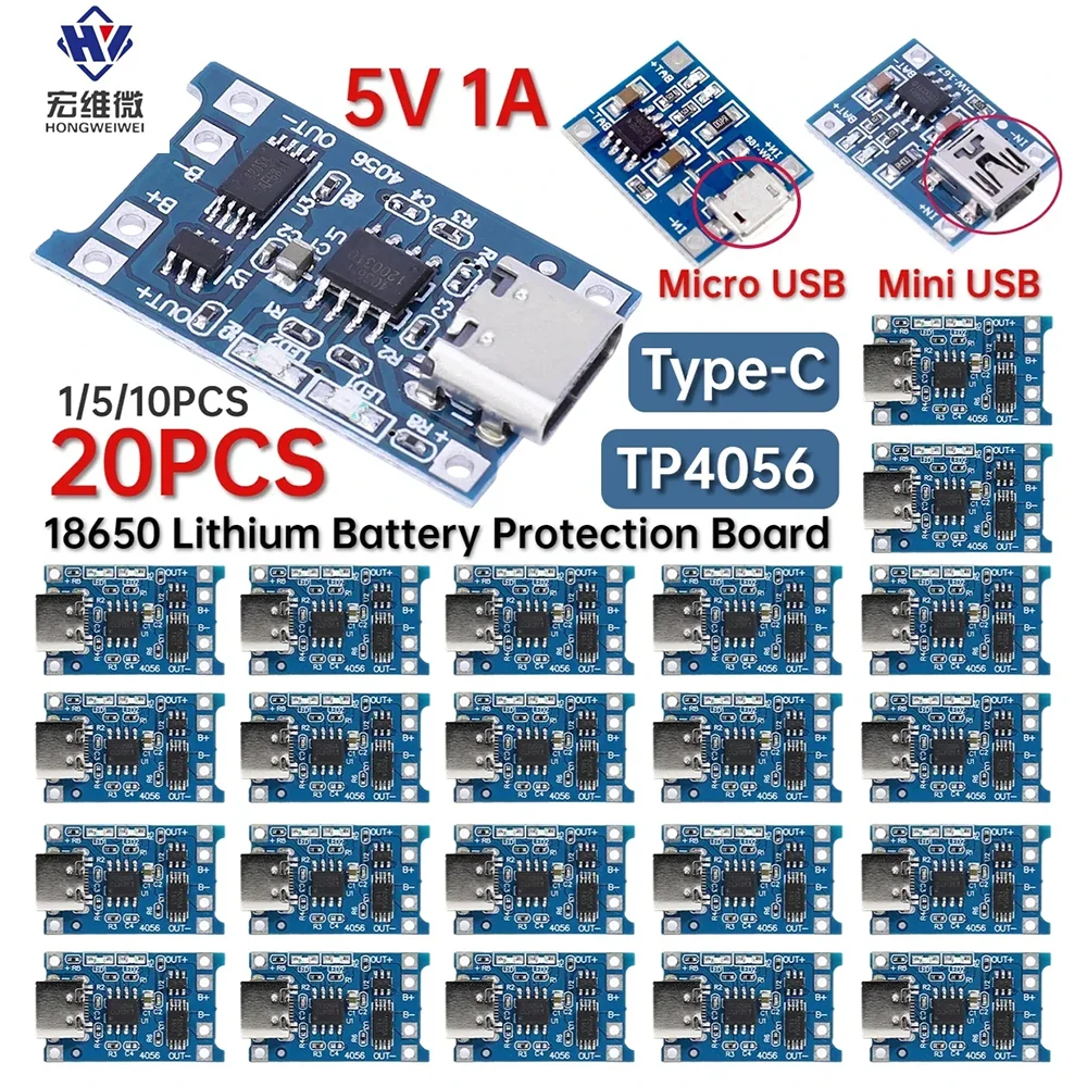 Micro Type-c USB 5V 1A TP4056 Lithium Battery Charger Module Charging Board With Protection Dual Functions Current Protection