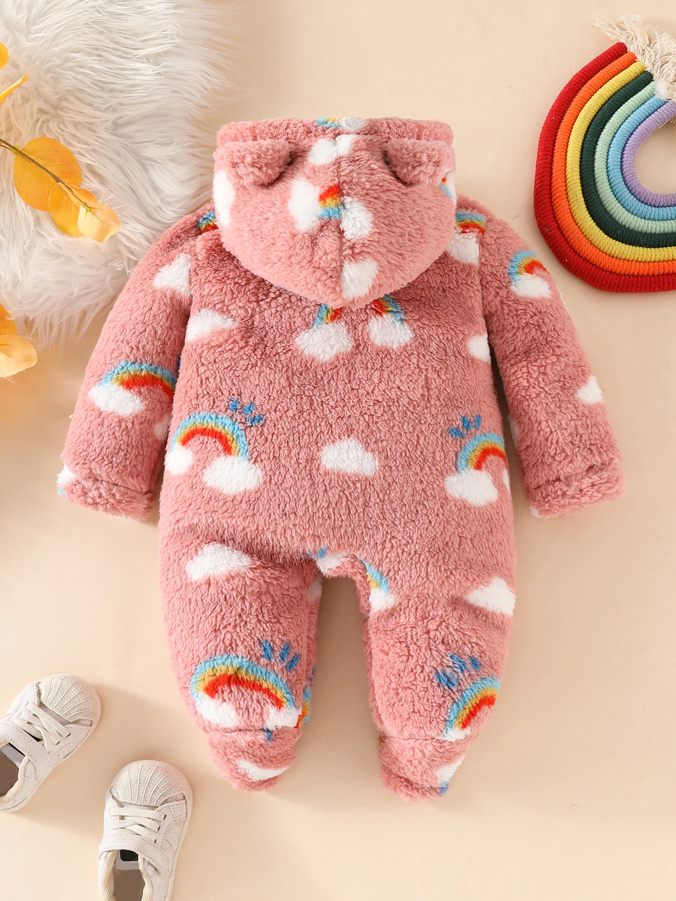 0-12 Months Old Newborn Toddler Casual Cute Thickeneded Warm Plush Cloud Rainbow Plaid Cartoon Pattern Stereo Ear Hooded Front Zipper Sweet