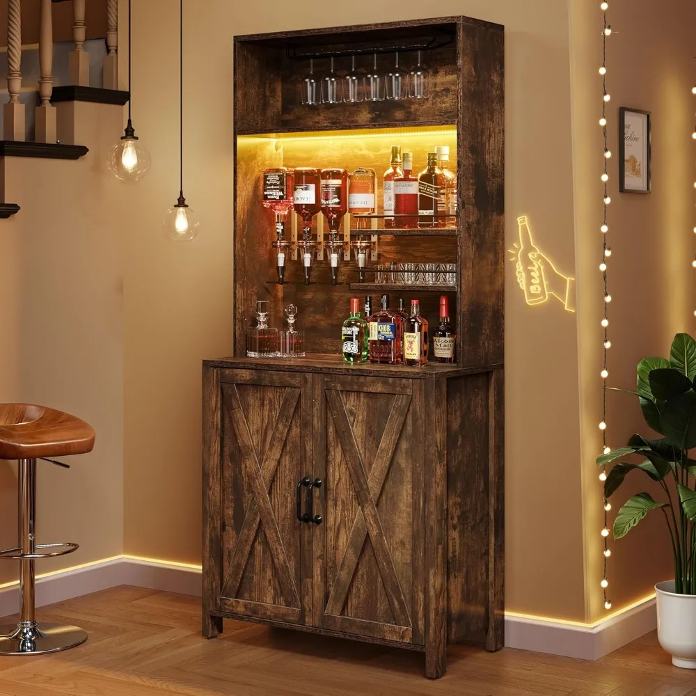 

Farmhouse Bar Cabinet w/LED Lights, 71" Liquor Cabinet for Glasses, Tall Wine Bar Cabinet w/ 4-Bottle Liquor Dispenser