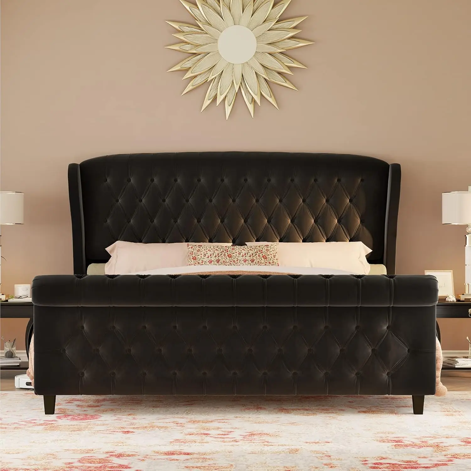 

Platform bed frame, velvet upholstered high bed with curved headboard and footboard, deeply tufted, supported by wooden slats