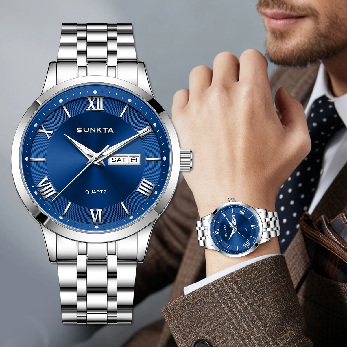 

SUNKTA Luxury Fashion Men Clock Waterproof Luminous Week Date Sports Man Wristwatch Stainless Steel Men's Quartz Watches Reloj