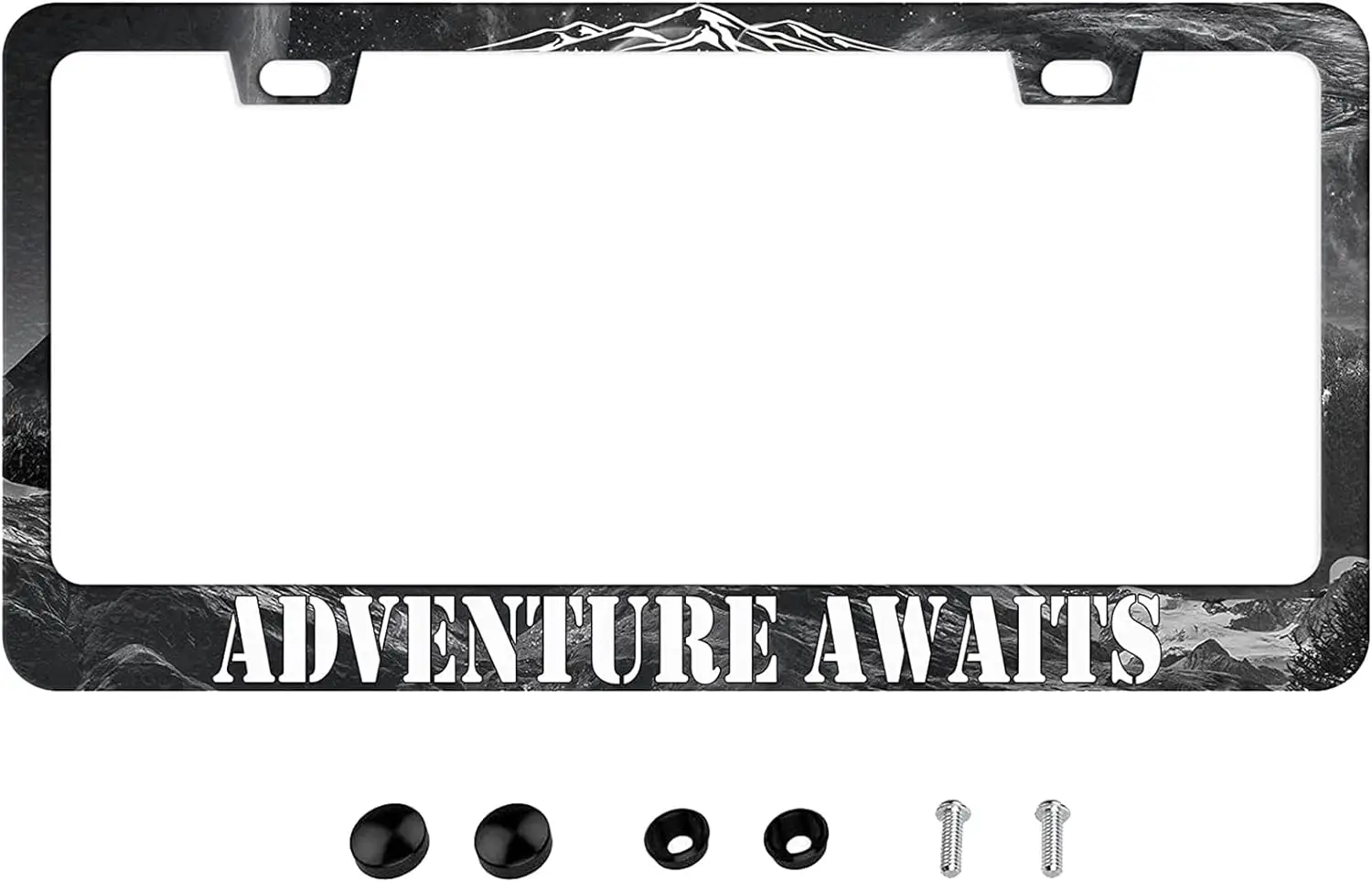 Adventure Awaits License Plate Frame - American Mountains Vanity Car Tag Frames Aluminum Auto Tags Cover 2 Holes Screws