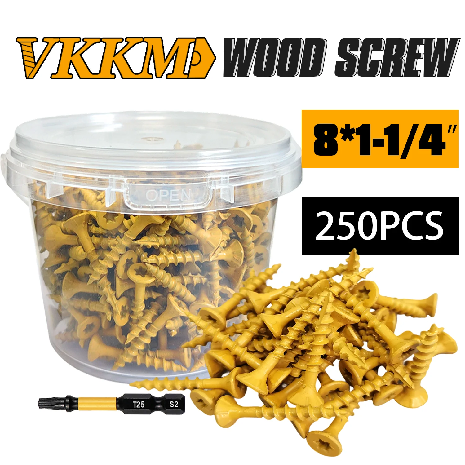 

VKKM Deck Screws 1-1/4 Inch, Wood Screws #8 x 1-1/4", 250 PCS, Rust Resistant Coated, T25 Screws, T25 Star Bit Included, Tan