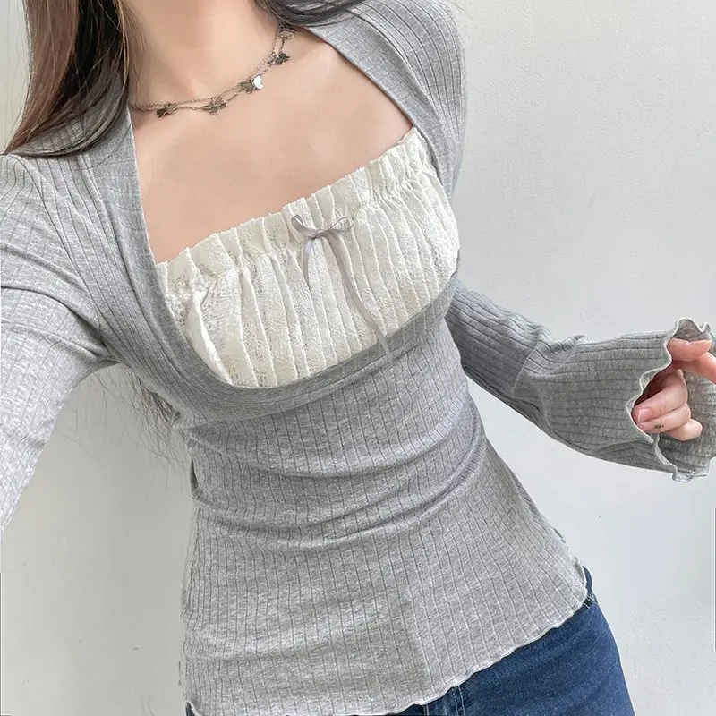 Ribbed T-Shirt Tops Y2k 2000s Women Fairy Chic Versatile Clothing Long Sleeve Square Tie Bow Decoration Elegant Streetwear