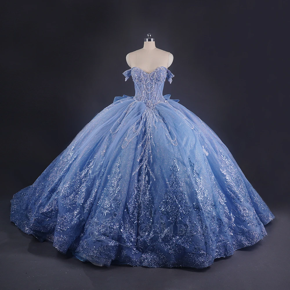 

Princess Glitter Blue Quinceanera Dress With Bow Ball Gown Lace Beading Corset Ruffles vestidos de 15 quinceañera Customized