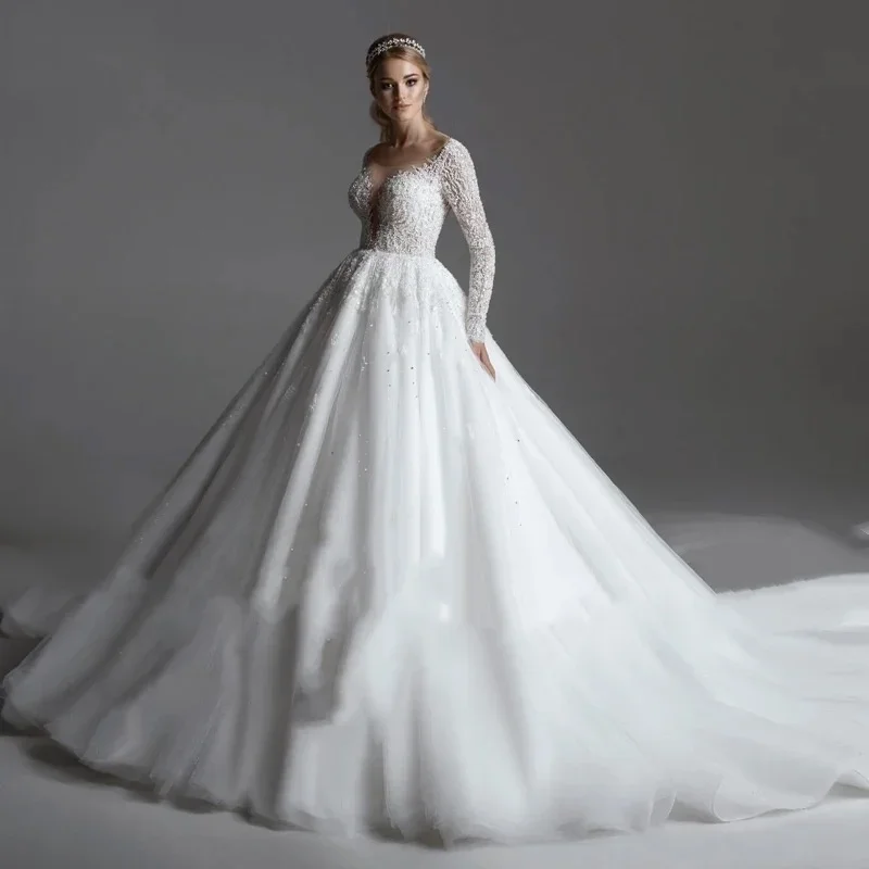 

On Zhu Customized Appliques Beading Ball Gown Wedding Dresses Classic Scoop Neck Sleeve Princess Bridal Gown Vestido de novia