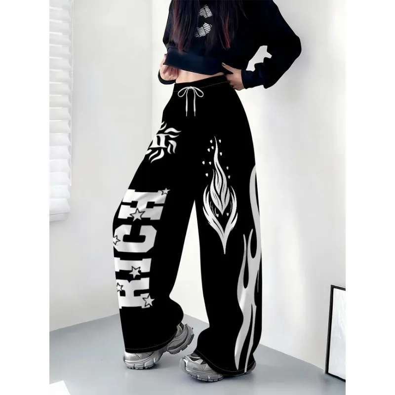 2026 High Street Style Personalized Flame Letter 3D Printed Wide Leg Pants Unisex Plus Size Loose Hanging Casual Sports Pants