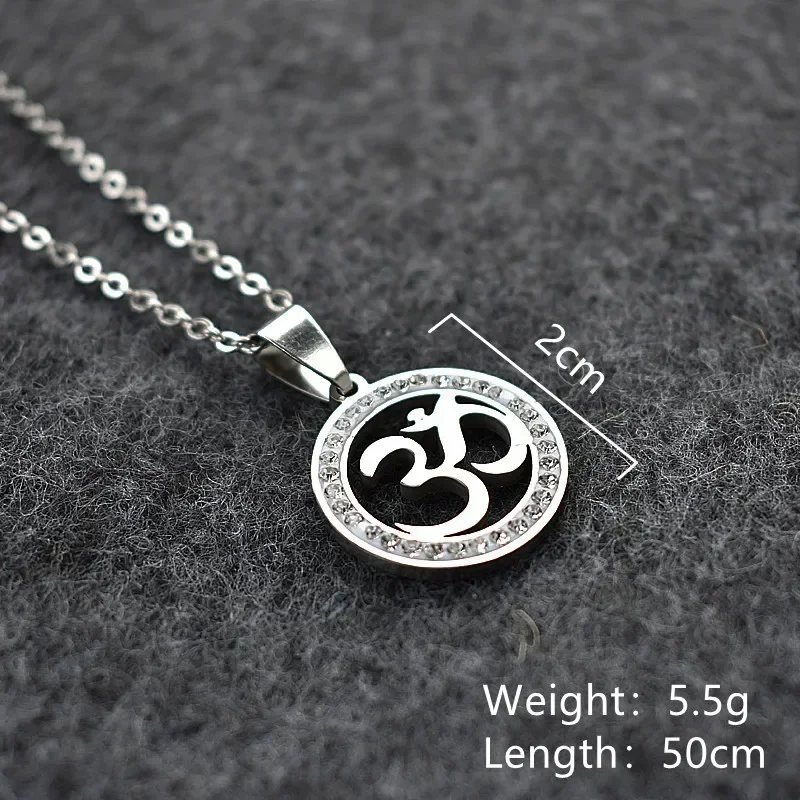 Stainless Steel OM Symbol Pendant Necklace Silver Color Pave CZ Crystal OM Yoga Long Chain Necklace Jewelry for Women Men