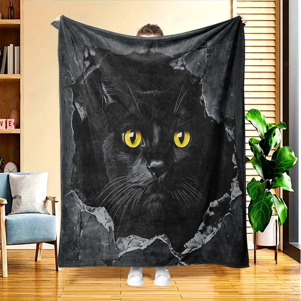Dark Crack Wall Background Central Black Cat With Vivid Yellow Eyes Gothic Pet Full Print Fluffy Blanket Warm Couch Cover Gift