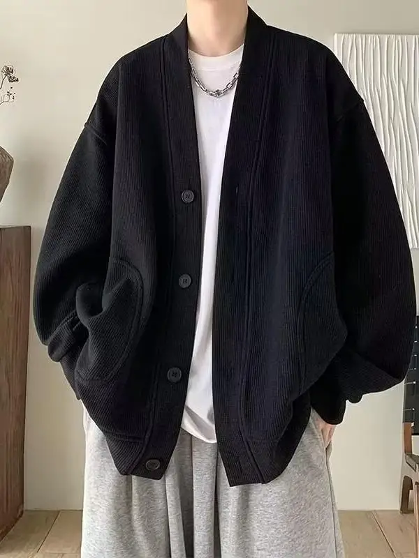 

Pure Bla V-Ne Knitted Lazy Sle Men's Jaet Couple's Spring Autumn Cardigan High-End Feeling Gauze Pattern Loose Fit