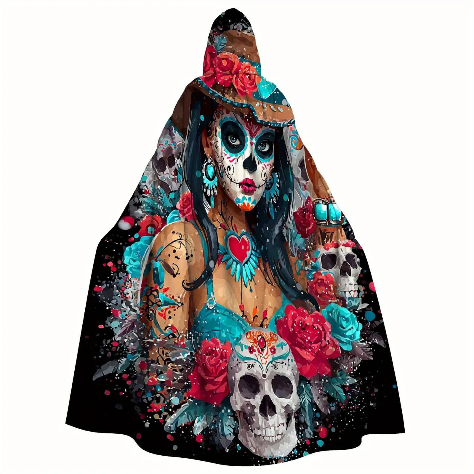 1pc Day of the Dead Hooded Robe Traditional Mexican Costume cloak with Sugar Skull Floral patterns, Machine Washable