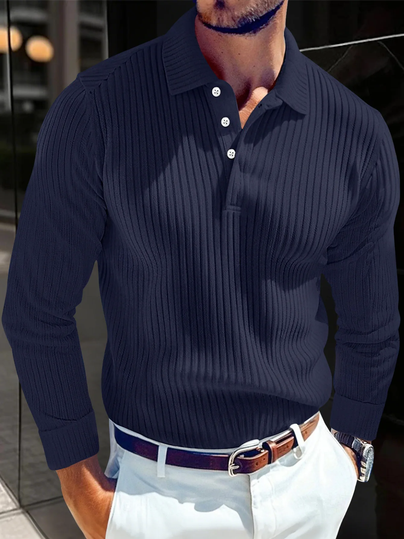 New Men's Autumn And Winter Solid Color Lapel Leisure Sports Polo Shirt Zipper Striped Long Sleeve