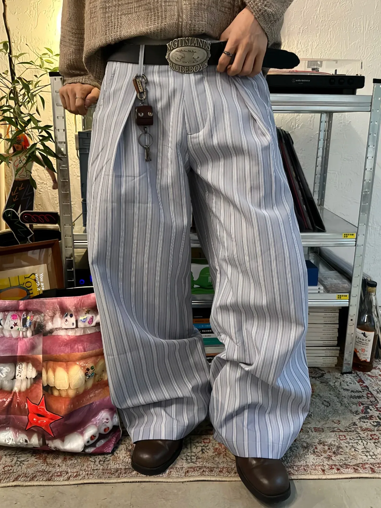 

Мужские повседневные брюки Cleanfit, синие полоски, свободные широкие брюки со сложенной талией, прямая трубка, осенняя новинка