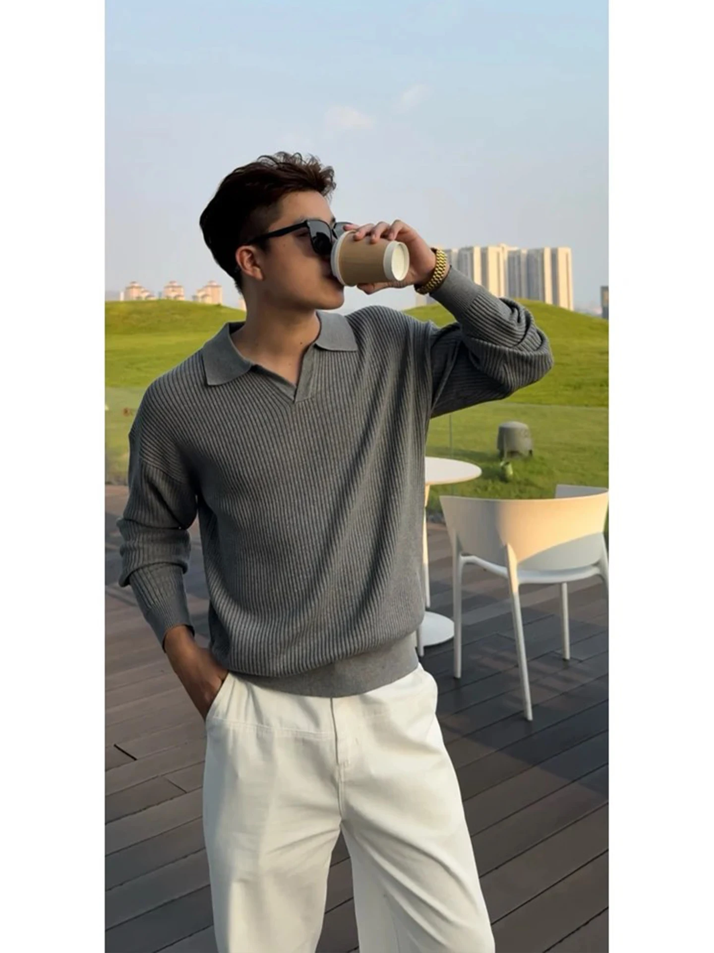 

Long Sve Knitted irt Men's Sle Ocean Collar Turn-down Collar T-irt Casual Loose Fit for Students And Couples