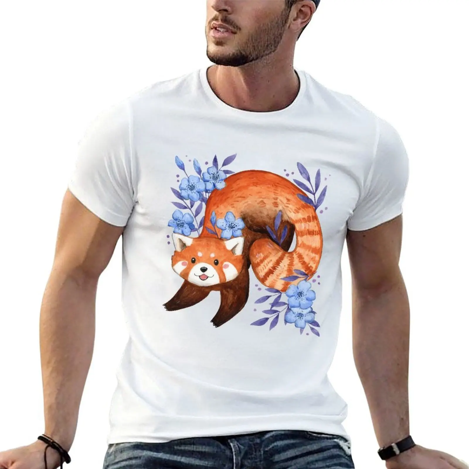 

Red panda & floral blue T-Shirt man t shirt heavy cotton cotton t shirts man 100% T-Shirt