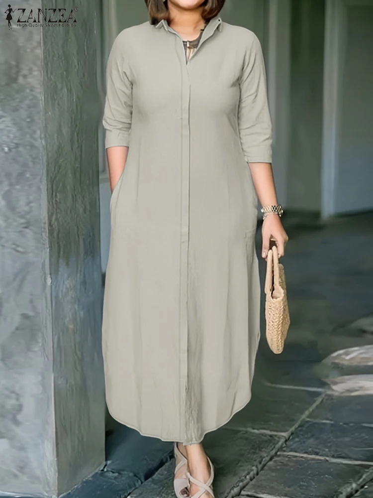 ZANZEA-vestido veraniego de trabajo con solapa para mujer, vestido camisero de moda de otoño 2025, Vestidos OL lisos elegantes, bata Midi informal con botones