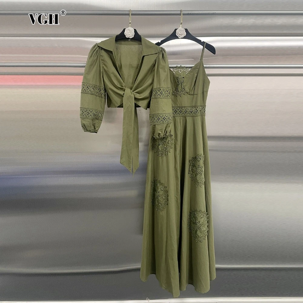 

VGH Holiday Two Piece Set for Women Lapel Wrist Sleeve Coat with Bandge High Waist Spliced Hollow Camisole Dresses Outfit Female