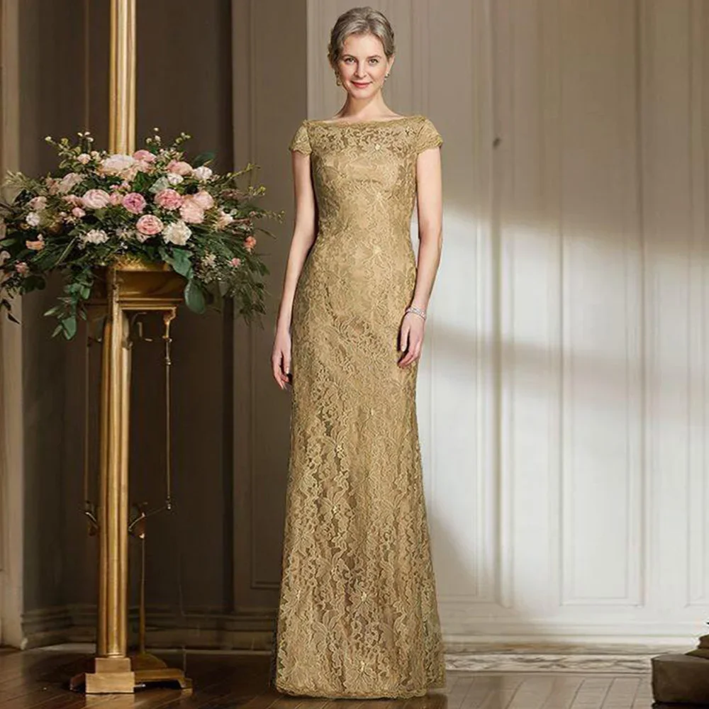 

Customized Gold Lace Mermaid Mother of The Bride Dress Short Sleeves Boat Neck Floor Length Wedding Guest Gown Evening Dresses