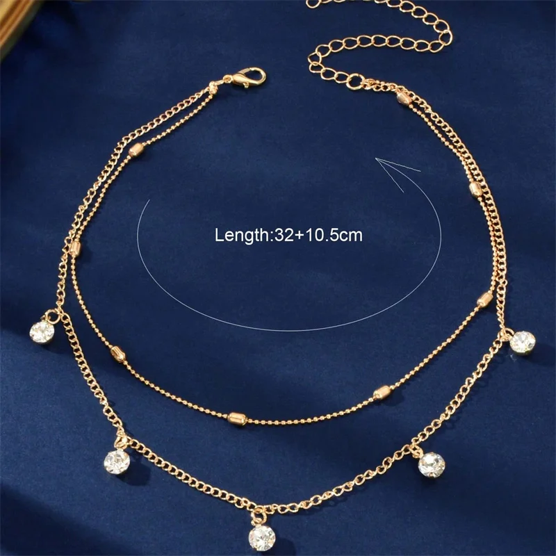 Vintage Gold Farbe Doppel Layered Halsketten für Frauen Zarte Kristall Metall Lange Quaste Perlen Kette Halsband Party Schmuck Geschenke – Detail 6
