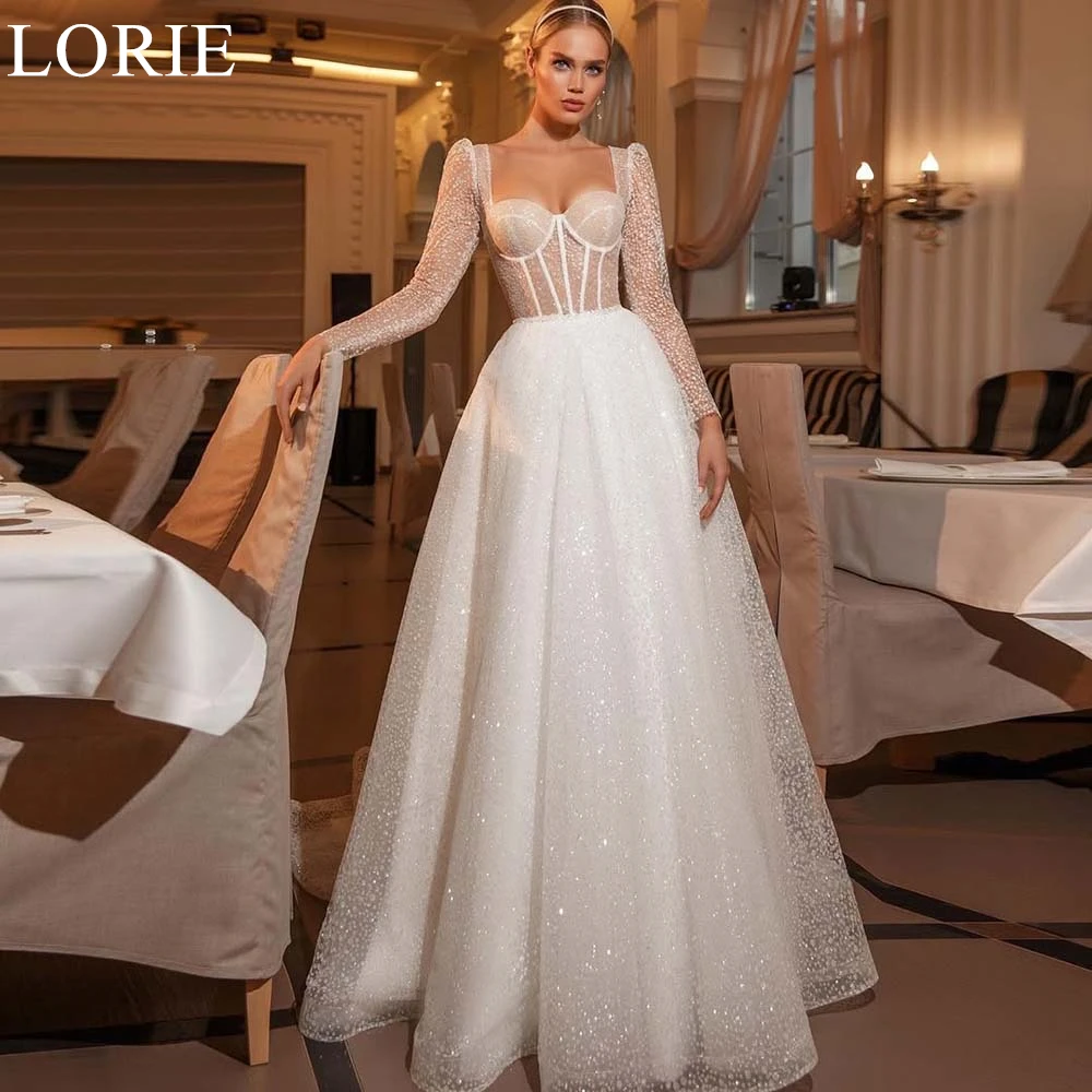 

LORIE Dot Tulle Wedding Dresses A-Line Sweetheart Long Sleeves Beading Pleated Bride Prom Gown Sparkly Bridal Gowns Customized