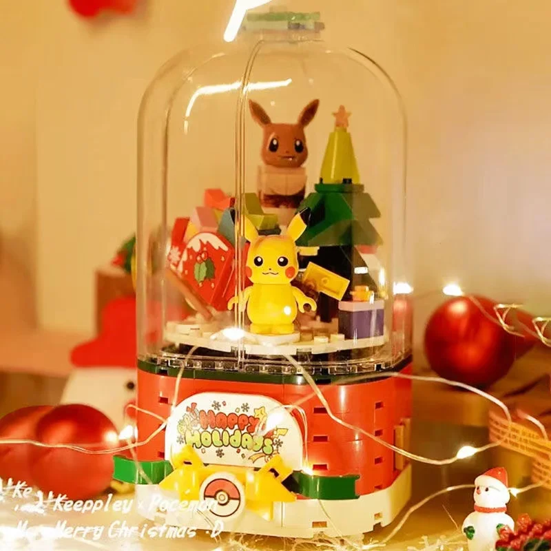 Pokemon Figures Pikachu Eevee Rotating Christmas Music Box Assembled Blocks Toys Desktop Decoration Model Children\'s Toys Gifts